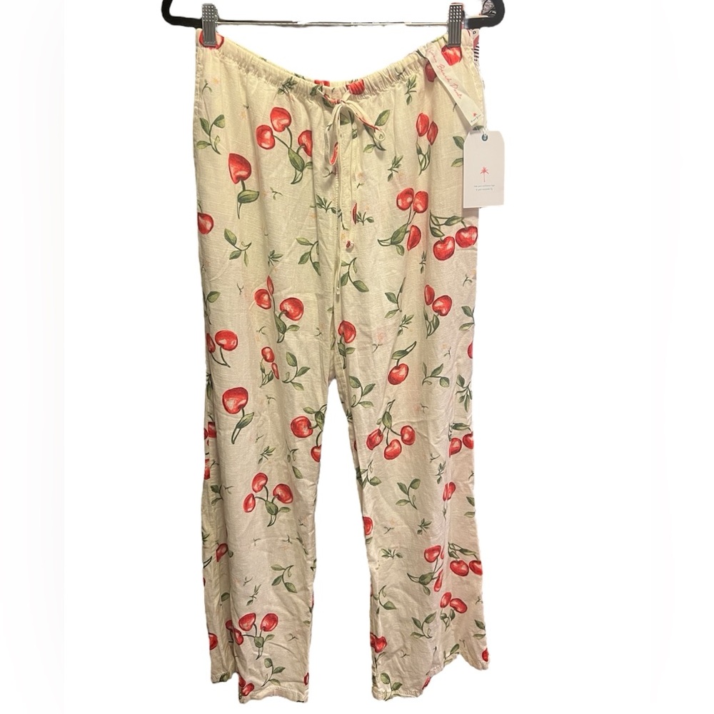 NWT Linen Cherry Print Palazzo Drawstring Beach Lounge Pants by Angel Kiss